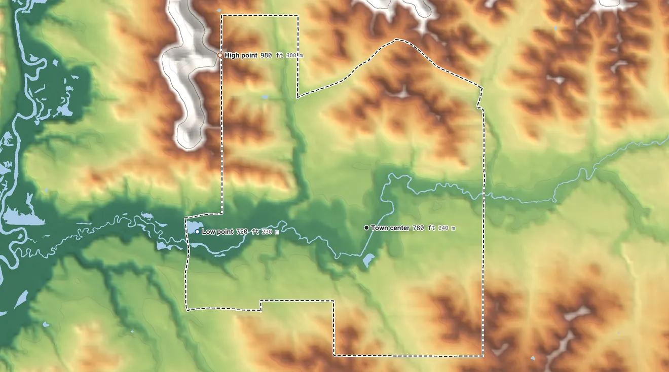 Topographic elevation map of Gilmanton, Buffalo County, Wisconsin, shaded from 750 ft on the west side to 980 ft on the northwest side