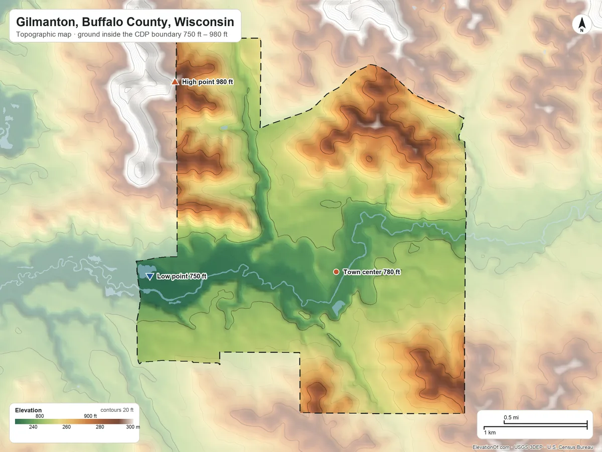Topographic elevation map of Gilmanton, Buffalo County, Wisconsin, shaded from 750 ft on the west side to 980 ft on the northwest side