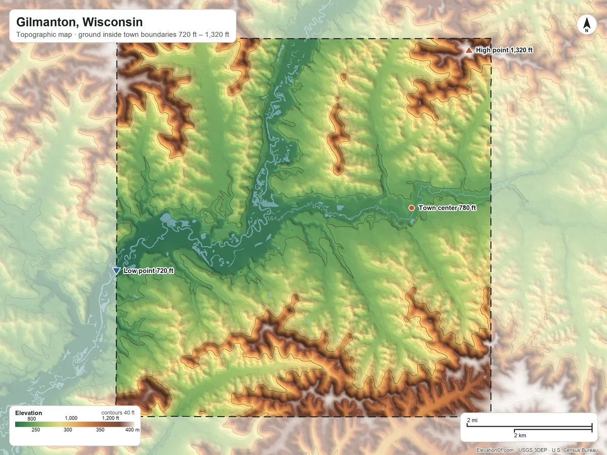 Topographic elevation map of Gilmanton, Wisconsin, shaded from 720 ft on the west side to 1,320 ft on the north side