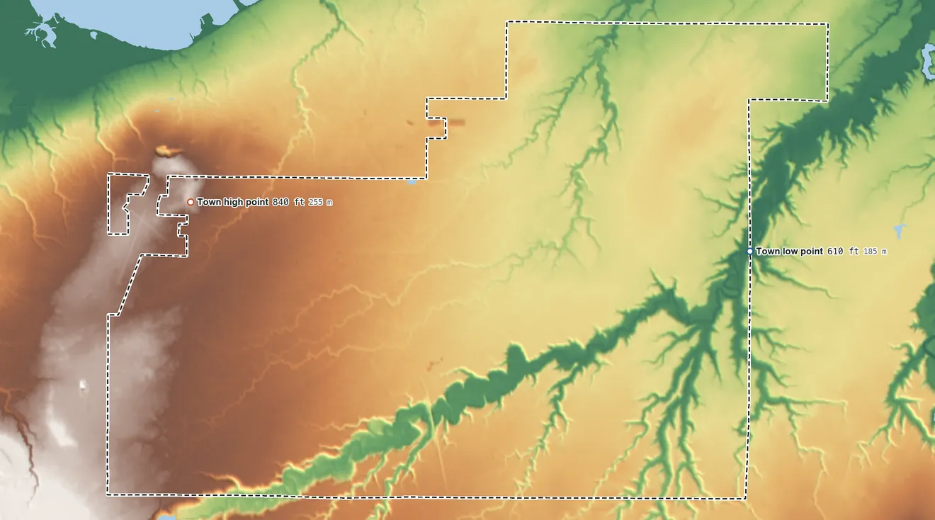 Topographic elevation map of Gingles, Wisconsin, shaded from 610 ft on the east side to 840 ft on the northwest side