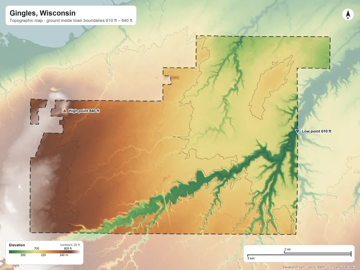 Topographic elevation map of Gingles, Wisconsin, shaded from 610 ft on the east side to 840 ft on the northwest side