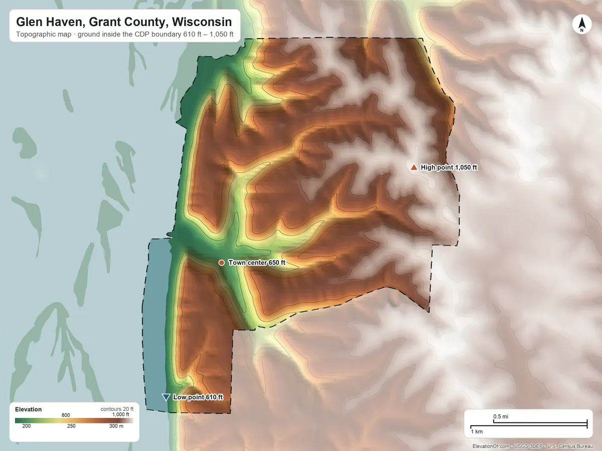 Topographic elevation map of Glen Haven, Grant County, Wisconsin, shaded from 610 ft on the south side to 1,050 ft on the northeast side