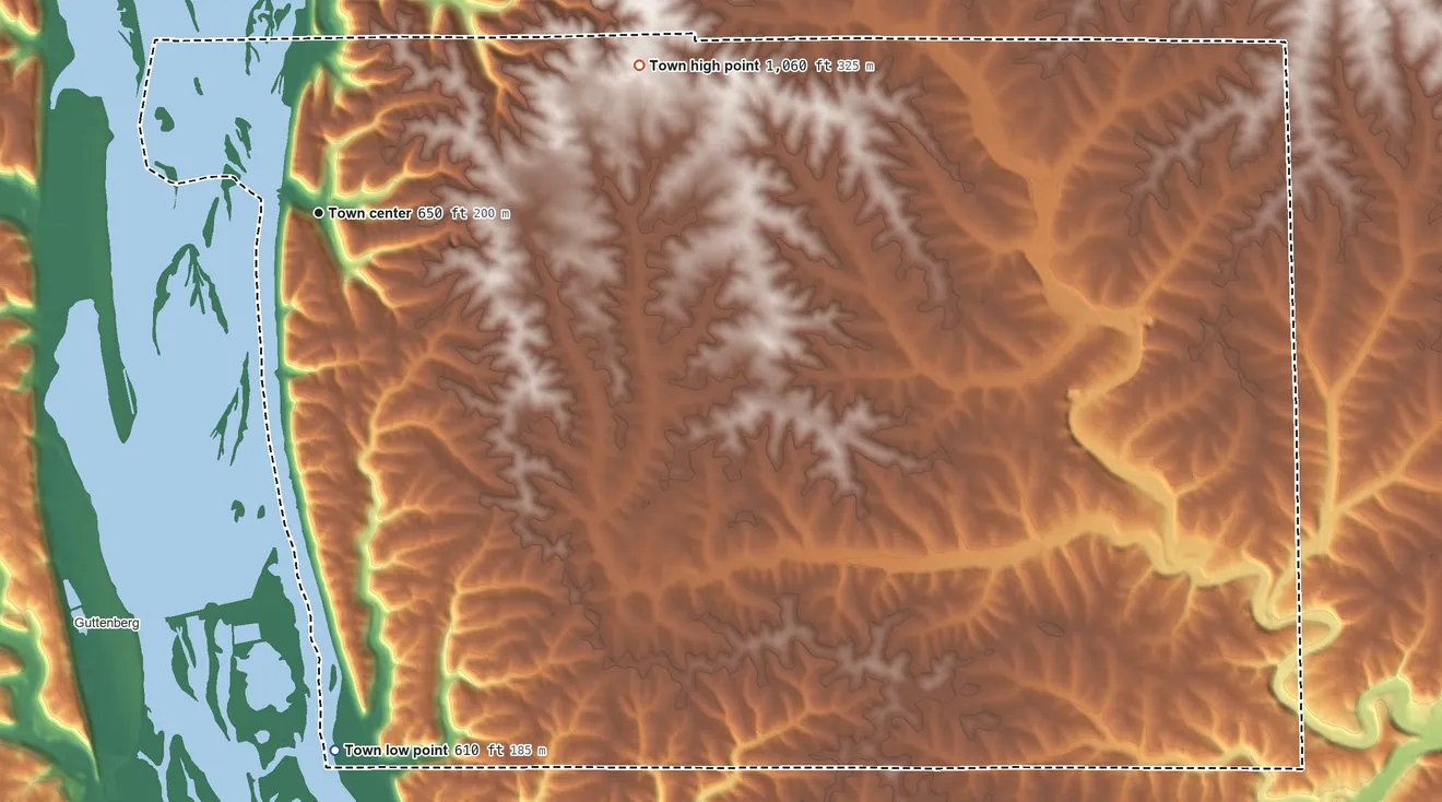 Topographic elevation map of Glen Haven, Wisconsin, shaded from 610 ft on the south side to 1,060 ft on the northeast side