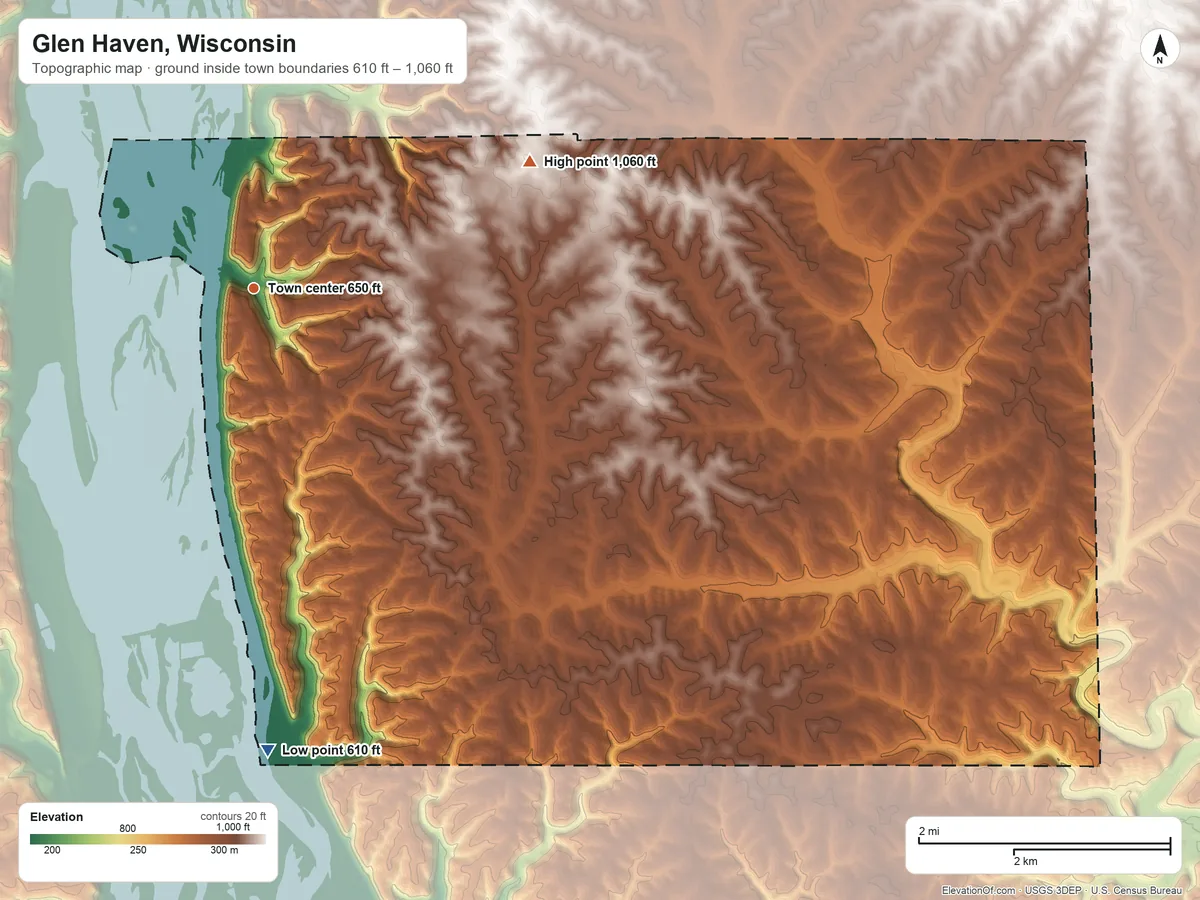 Topographic elevation map of Glen Haven, Wisconsin, shaded from 610 ft on the south side to 1,060 ft on the northeast side