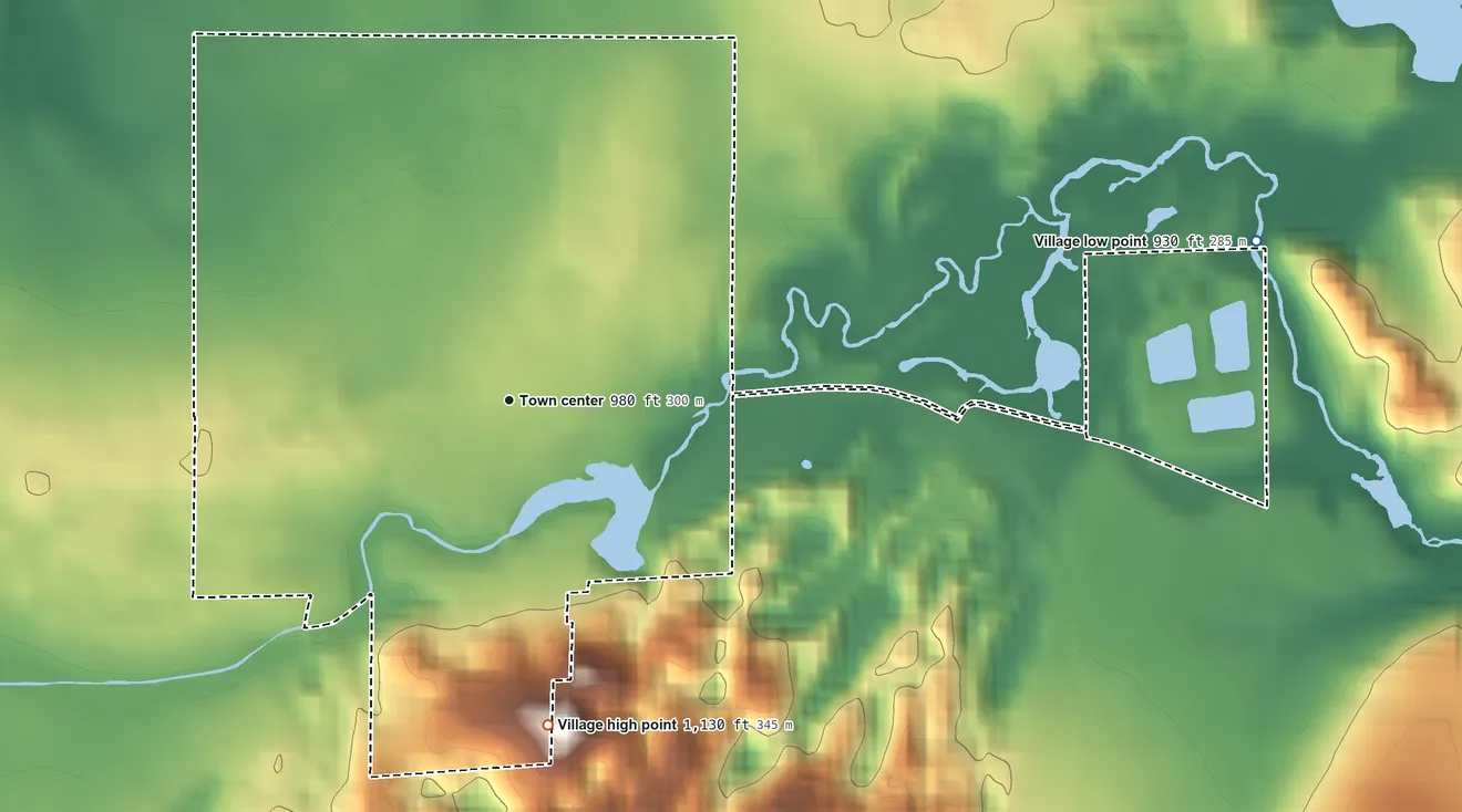 Topographic elevation map of Glenbeulah, Wisconsin, shaded from 930 ft on the east side to 1,130 ft on the south side