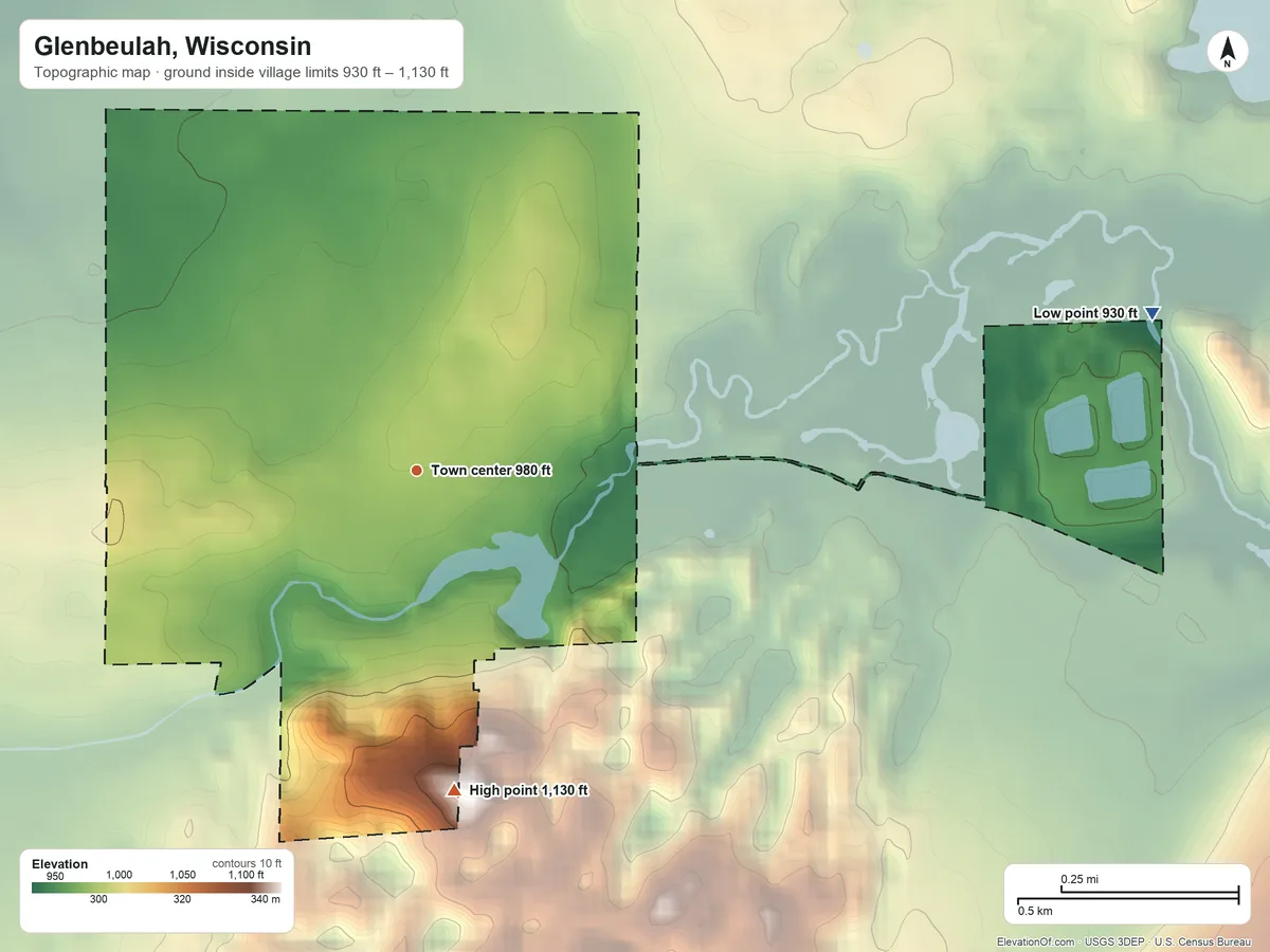 Topographic elevation map of Glenbeulah, Wisconsin, shaded from 930 ft on the east side to 1,130 ft on the south side