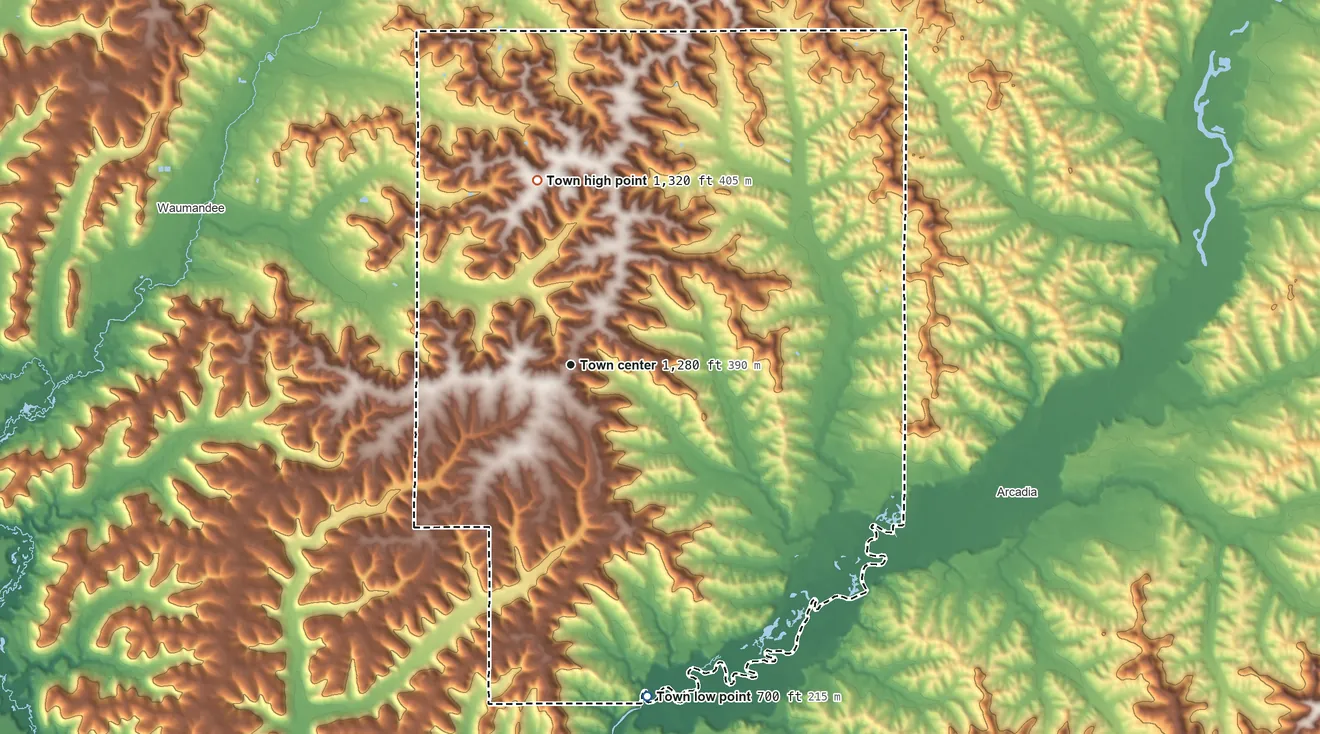 Topographic elevation map of Glencoe, Wisconsin, shaded from 700 ft on the south side to 1,320 ft on the north side