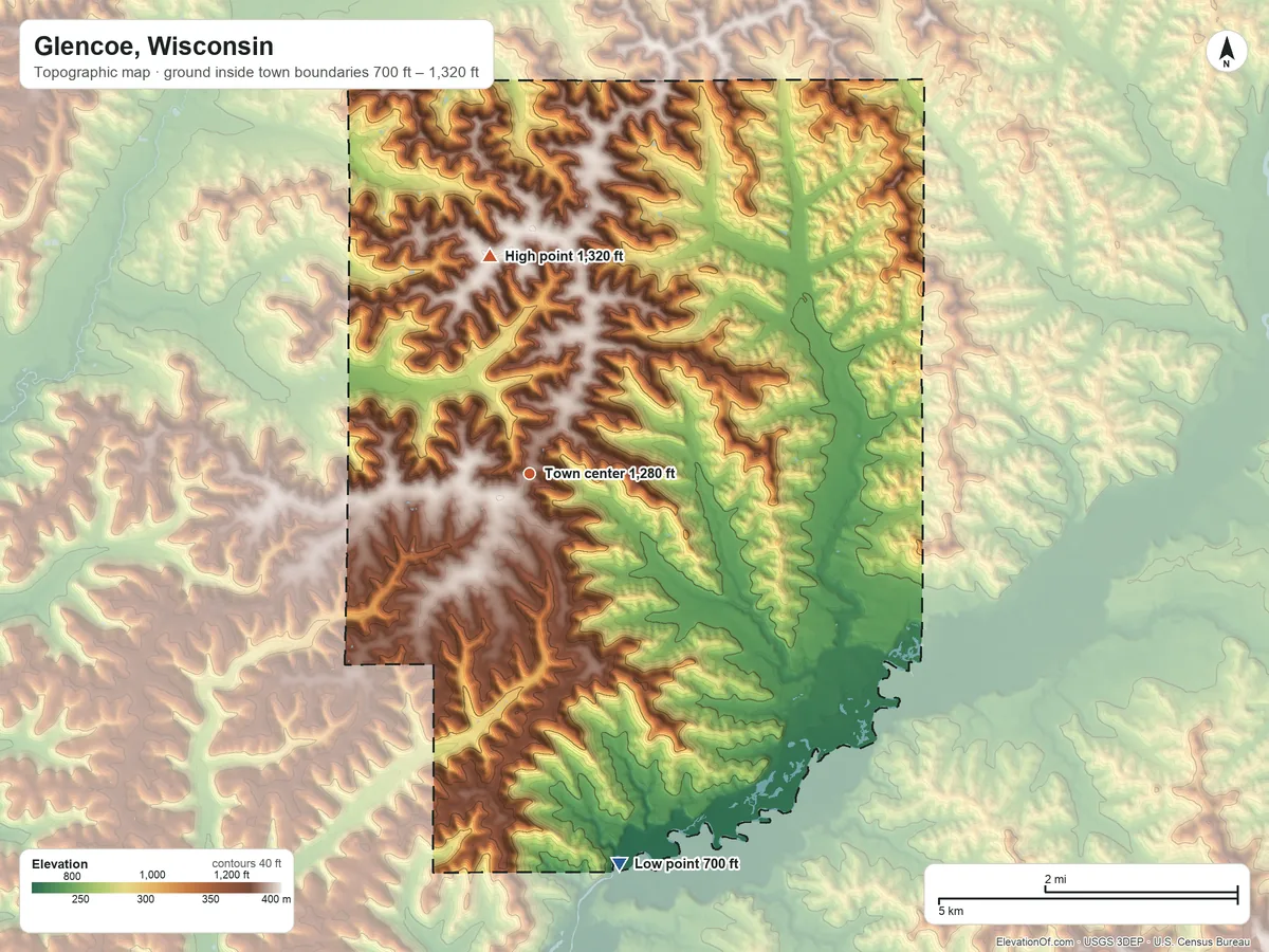 Topographic elevation map of Glencoe, Wisconsin, shaded from 700 ft on the south side to 1,320 ft on the north side