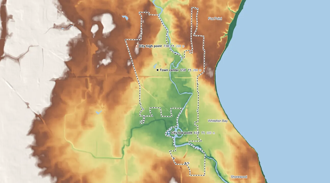 Topographic elevation map of Glendale, Wisconsin, shaded from 610 ft on the south side to 730 ft on the northwest side