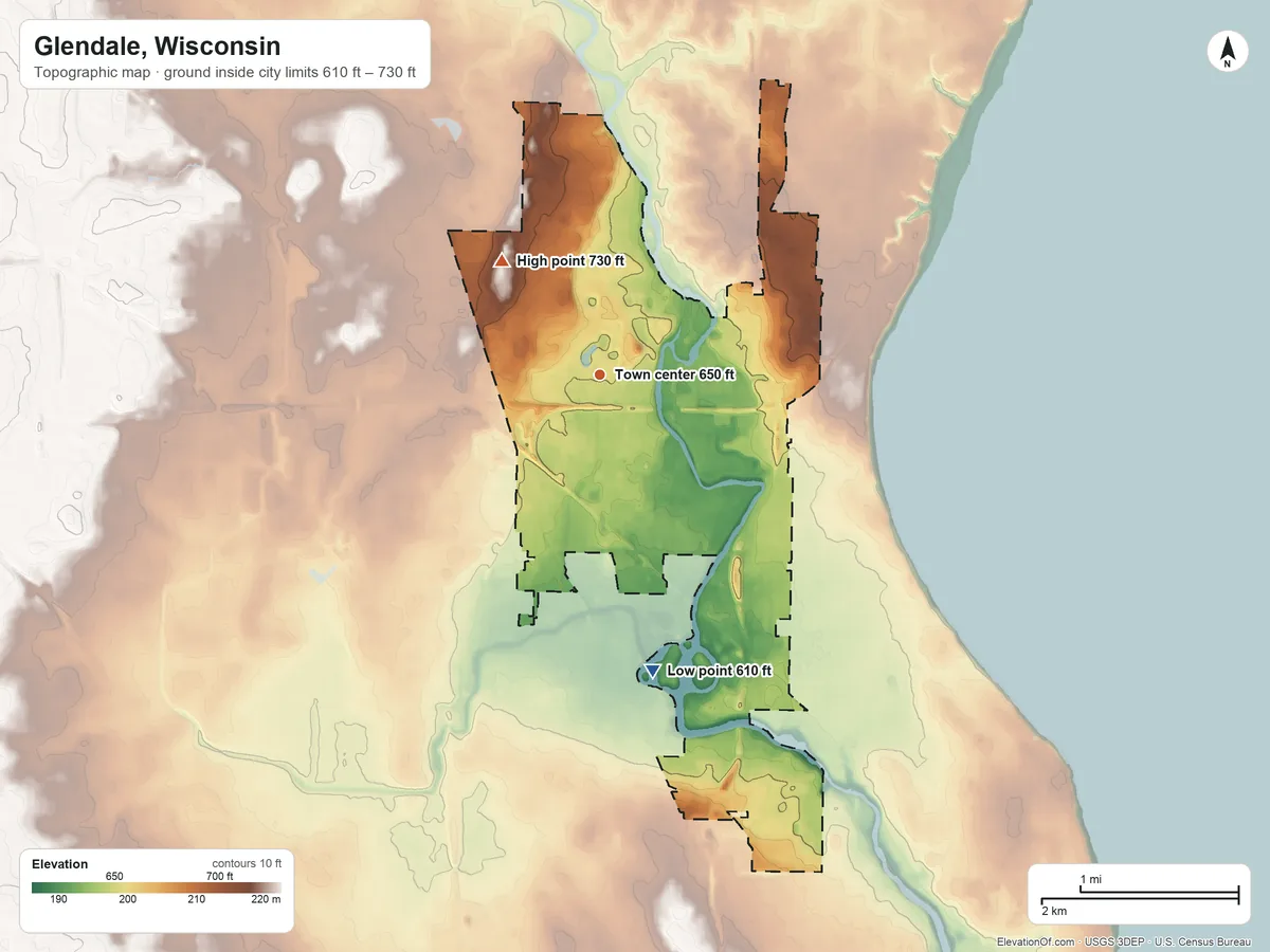 Topographic elevation map of Glendale, Wisconsin, shaded from 610 ft on the south side to 730 ft on the northwest side