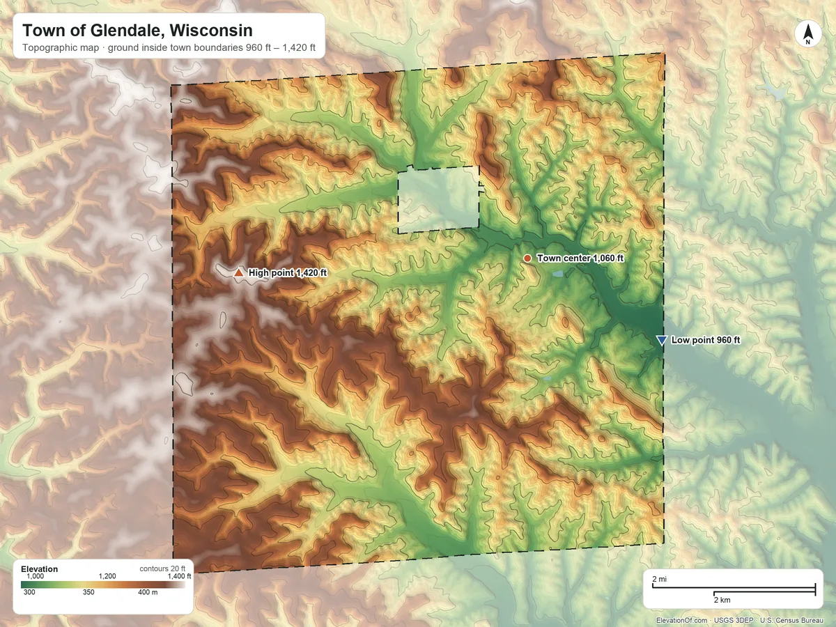 Topographic elevation map of Town of Glendale, Wisconsin, shaded from 960 ft on the southeast side to 1,420 ft on the west side