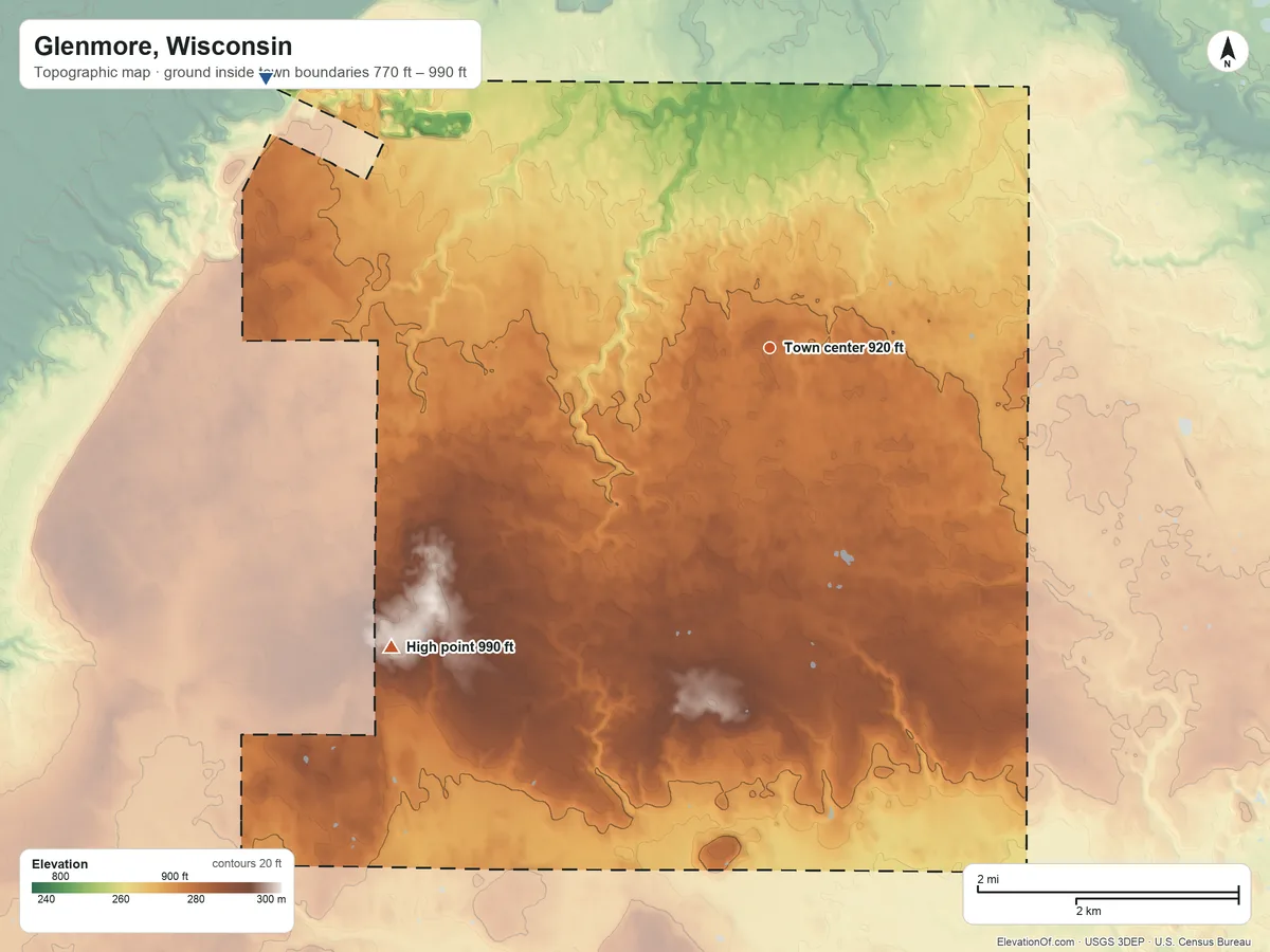 Topographic elevation map of Glenmore, Wisconsin, shaded from 770 ft on the northwest side to 990 ft on the southwest side