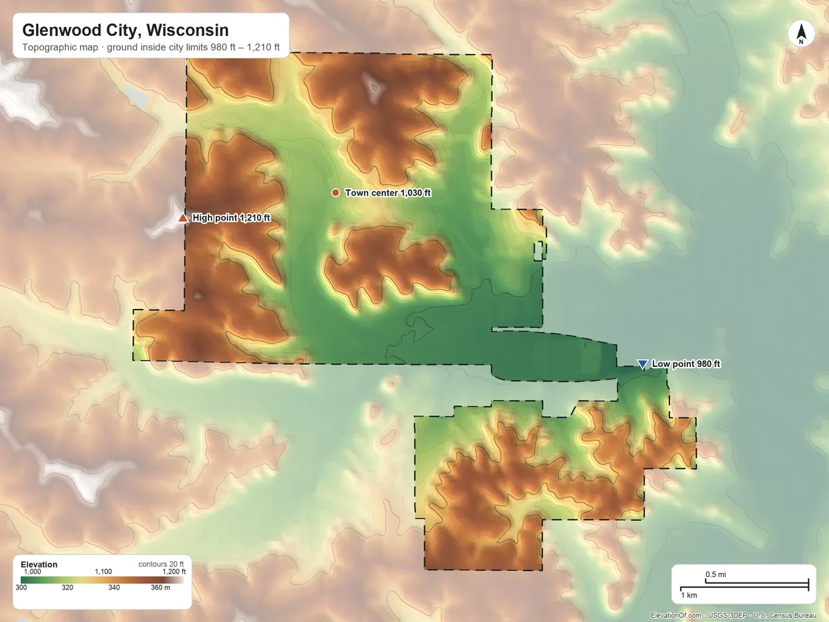 Topographic elevation map of Glenwood City, Wisconsin, shaded from 980 ft on the southeast side to 1,210 ft on the west side