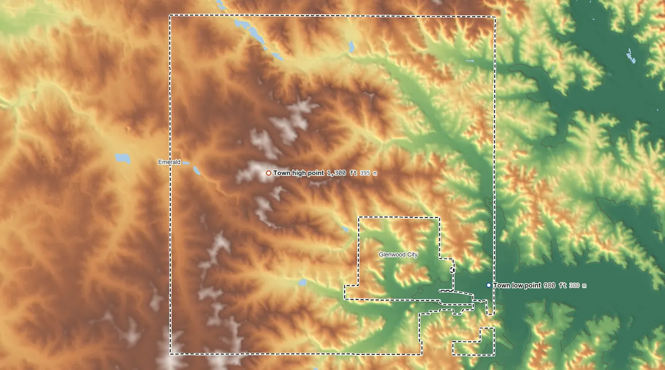 Topographic elevation map of Glenwood, Wisconsin, shaded from 980 ft on the southeast side to 1,300 ft on the northwest side