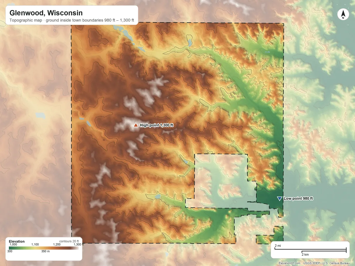 Topographic elevation map of Glenwood, Wisconsin, shaded from 980 ft on the southeast side to 1,300 ft on the northwest side