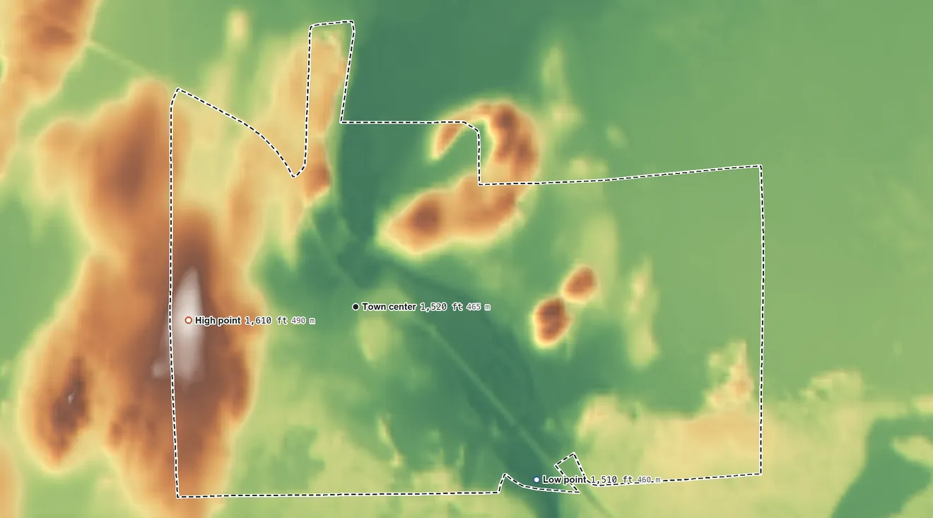Topographic elevation map of Glidden, Wisconsin, shaded from 1,510 ft on the southeast side to 1,610 ft on the west side