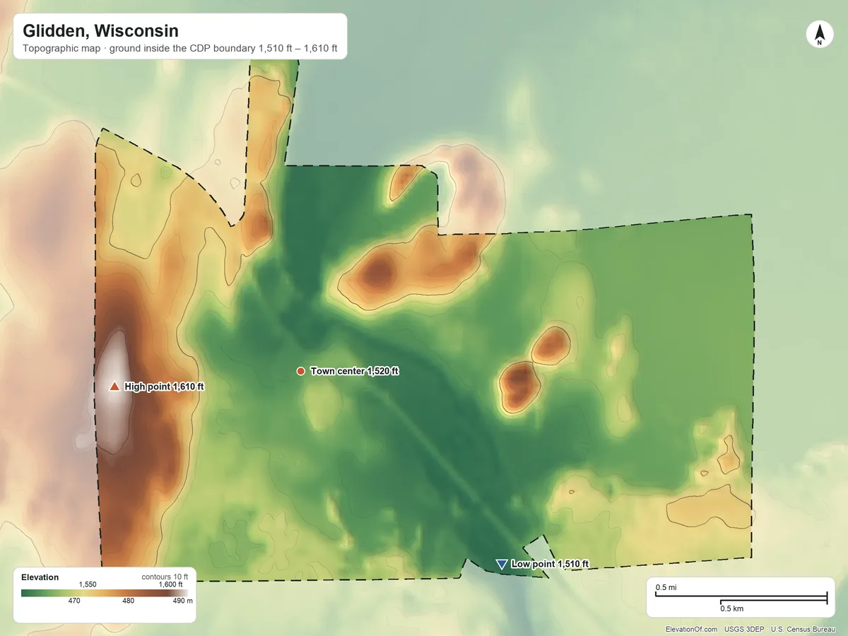 Topographic elevation map of Glidden, Wisconsin, shaded from 1,510 ft on the southeast side to 1,610 ft on the west side