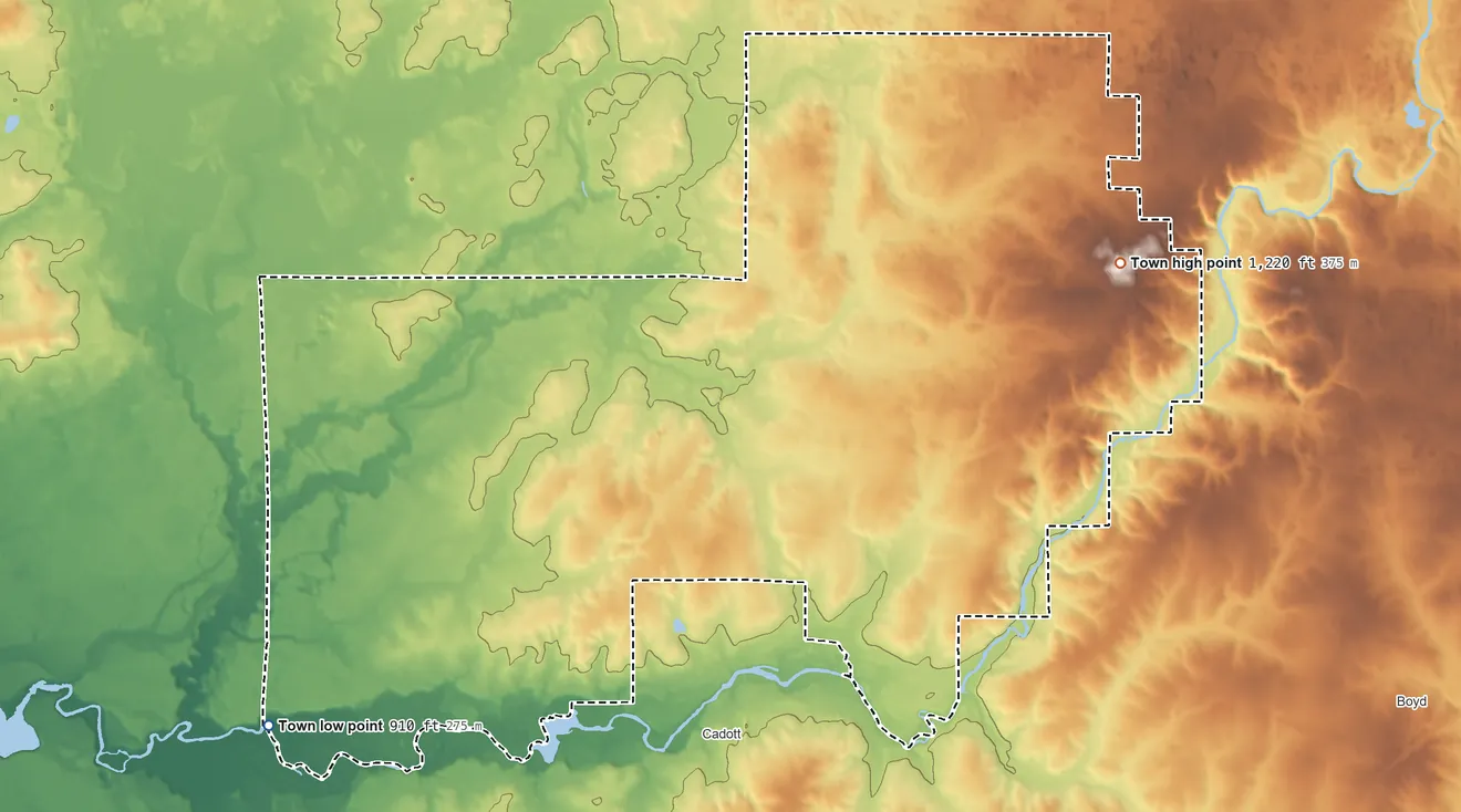 Topographic elevation map of Goetz, Wisconsin, shaded from 910 ft on the southwest side to 1,220 ft on the northeast side