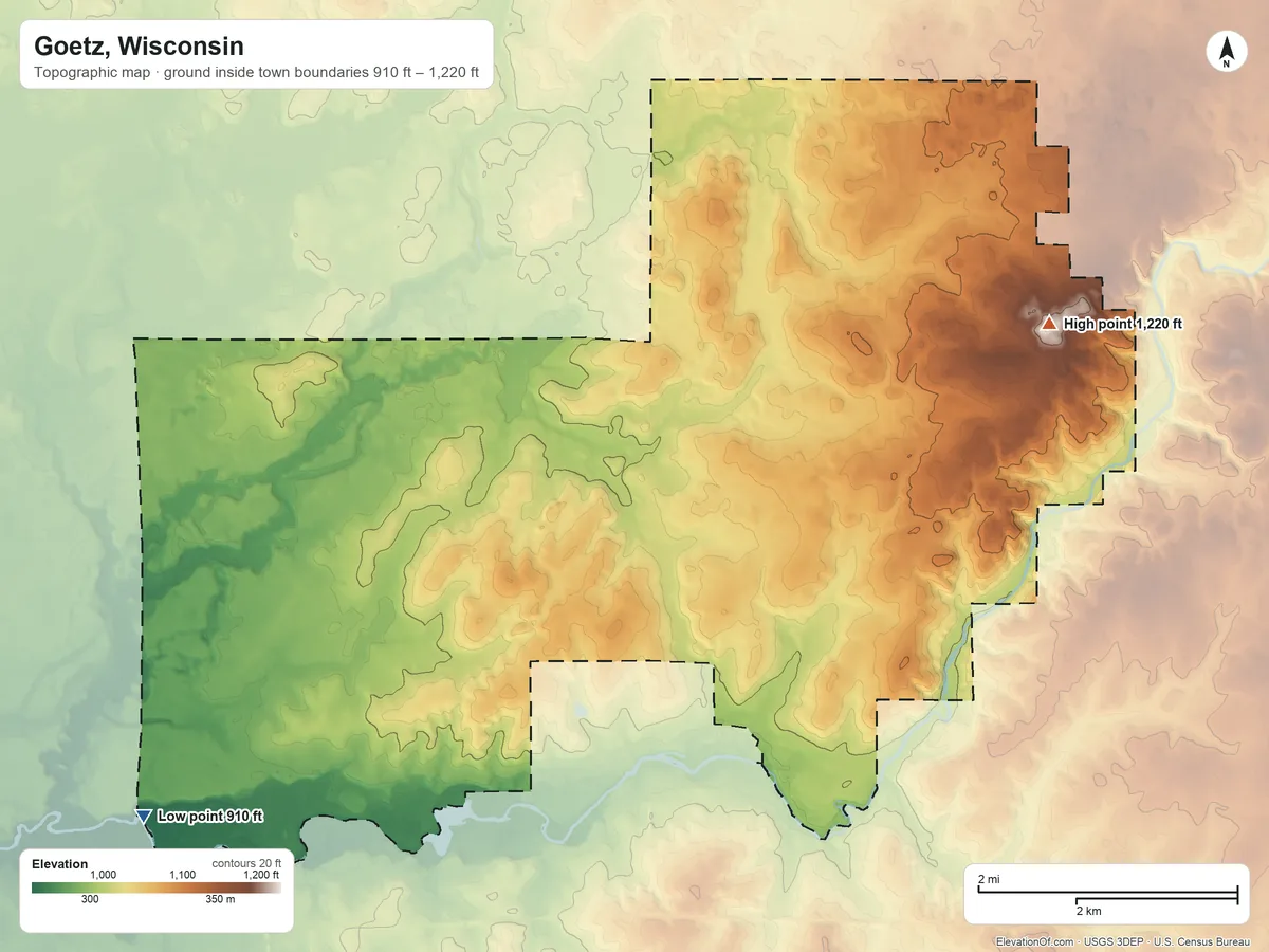Topographic elevation map of Goetz, Wisconsin, shaded from 910 ft on the southwest side to 1,220 ft on the northeast side
