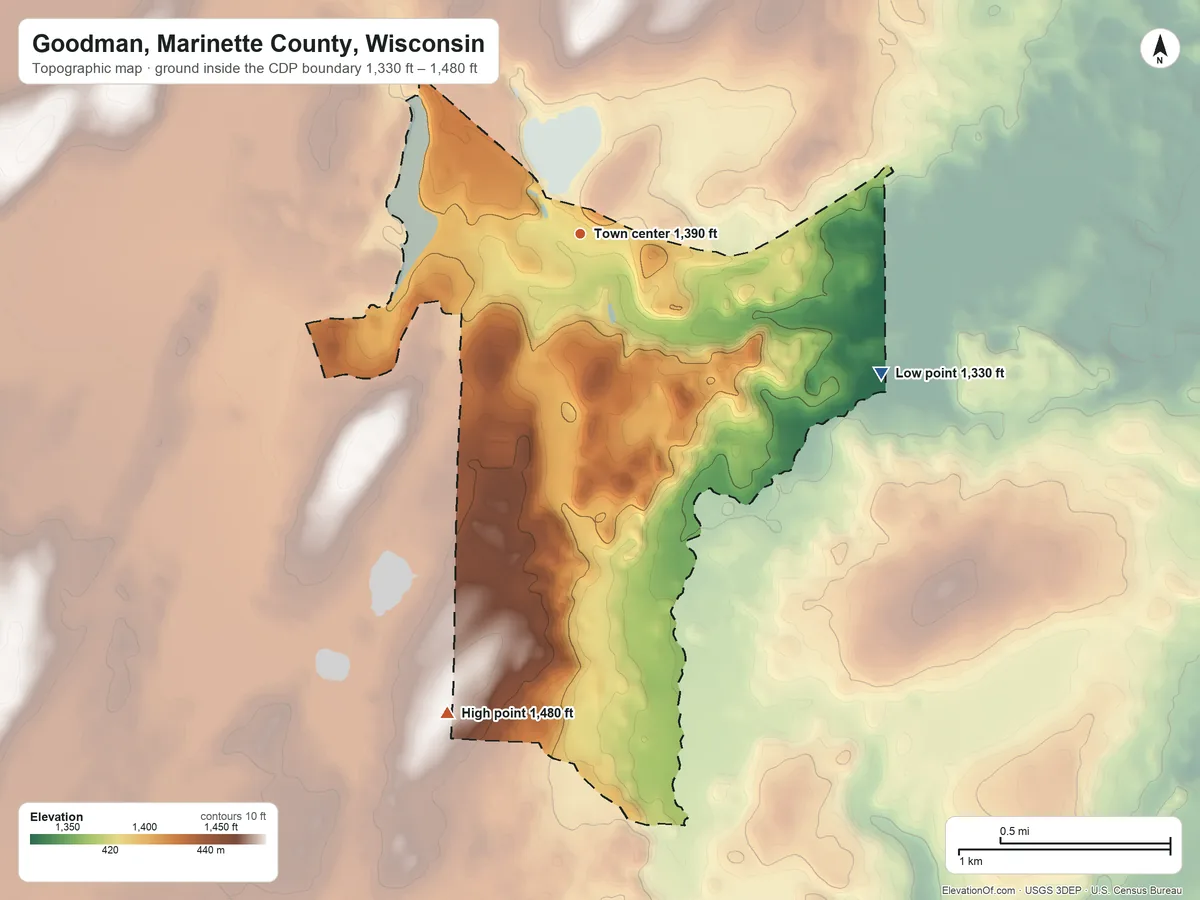 Topographic elevation map of Goodman, Marinette County, Wisconsin, shaded from 1,330 ft on the southeast side to 1,480 ft on the south side