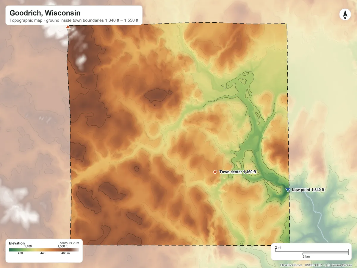Topographic elevation map of Goodrich, Wisconsin, shaded from 1,340 ft on the east side to 1,550 ft on the northwest side