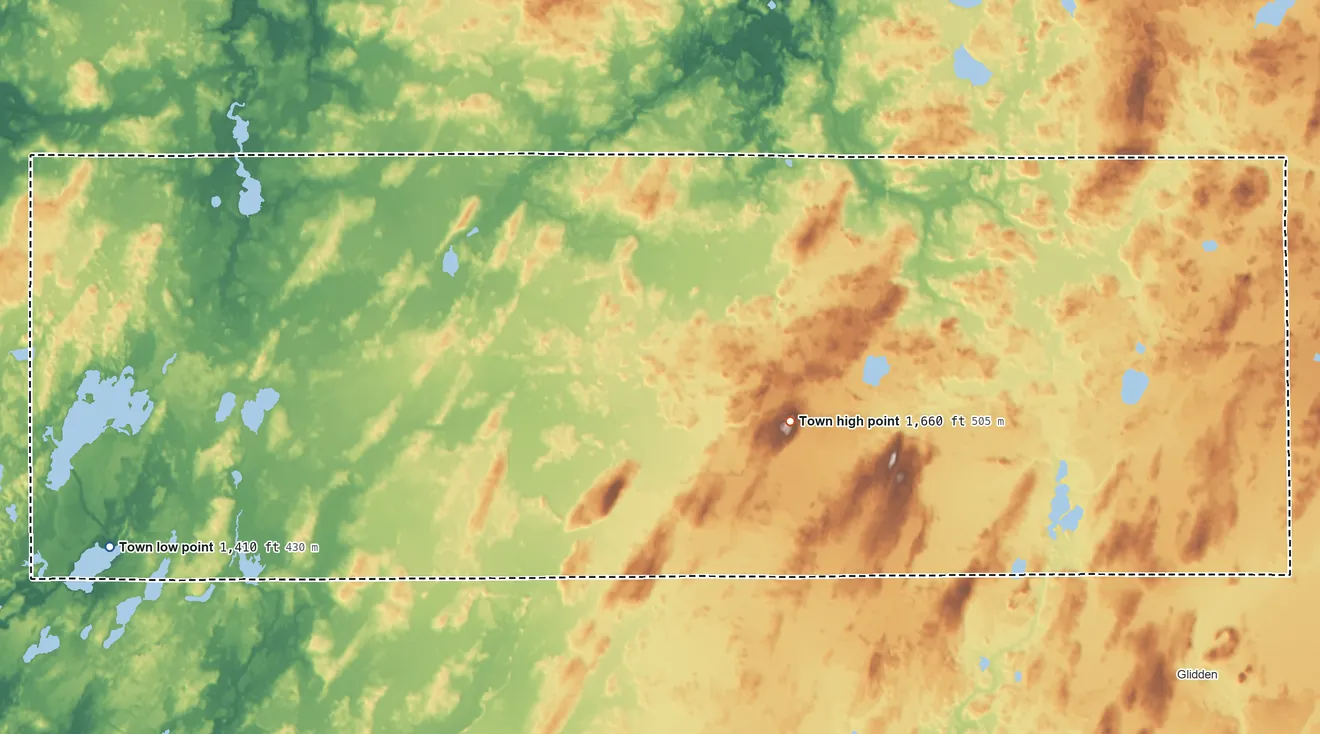 Topographic elevation map of Gordon, Ashland County, Wisconsin, shaded from 1,410 ft on the west side to 1,660 ft near the middle