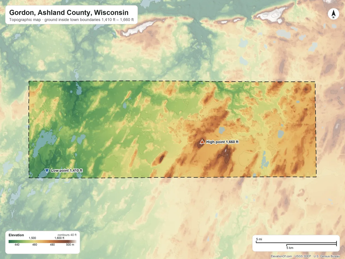 Topographic elevation map of Gordon, Ashland County, Wisconsin, shaded from 1,410 ft on the west side to 1,660 ft near the middle