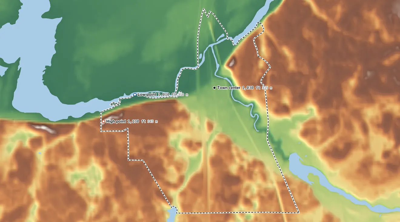 Topographic elevation map of Gordon, Douglas County, Wisconsin, shaded from 1,010 ft on the west side to 1,130 ft on the west side