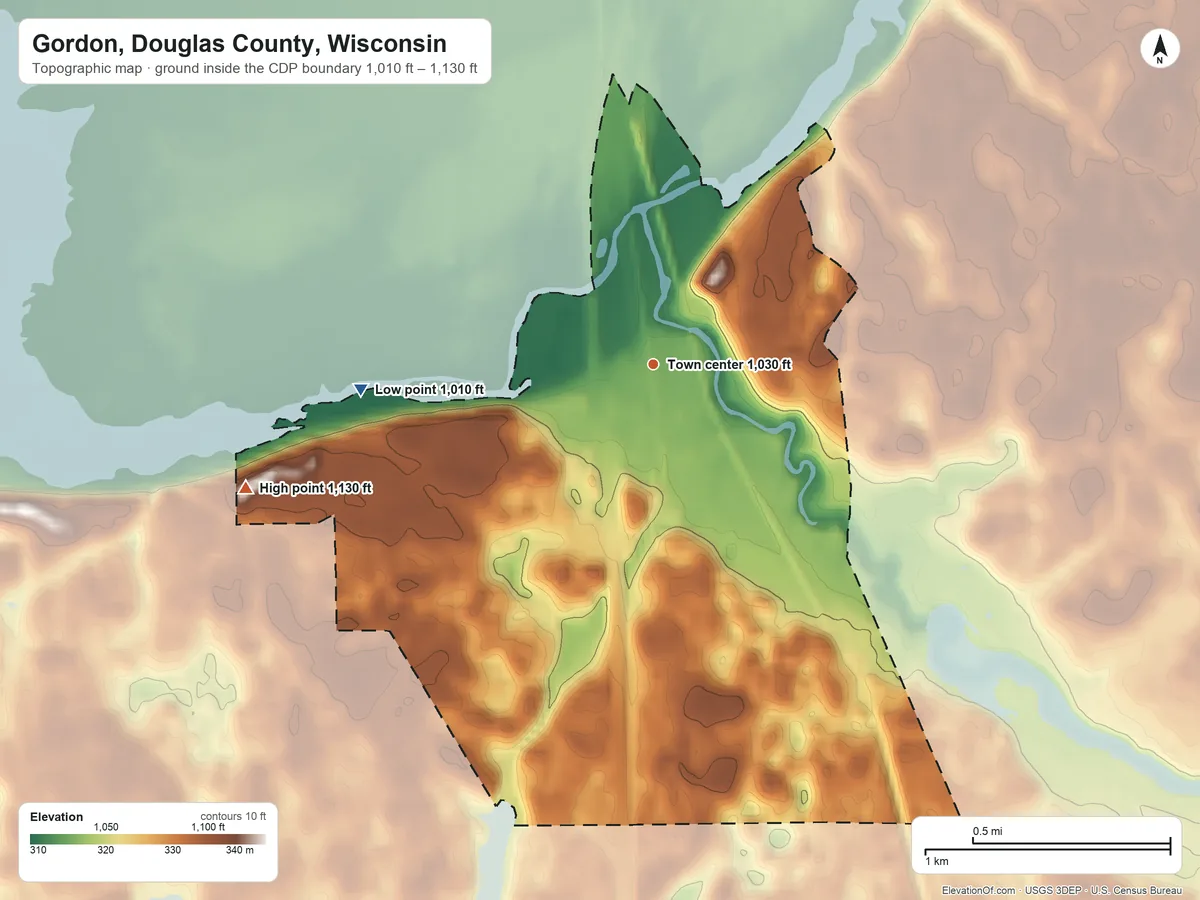 Topographic elevation map of Gordon, Douglas County, Wisconsin, shaded from 1,010 ft on the west side to 1,130 ft on the west side