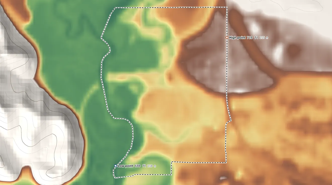 Topographic elevation map of Gotham, Wisconsin, shaded from 680 ft on the southwest side to 710 ft on the northeast edge, below higher ground just outside