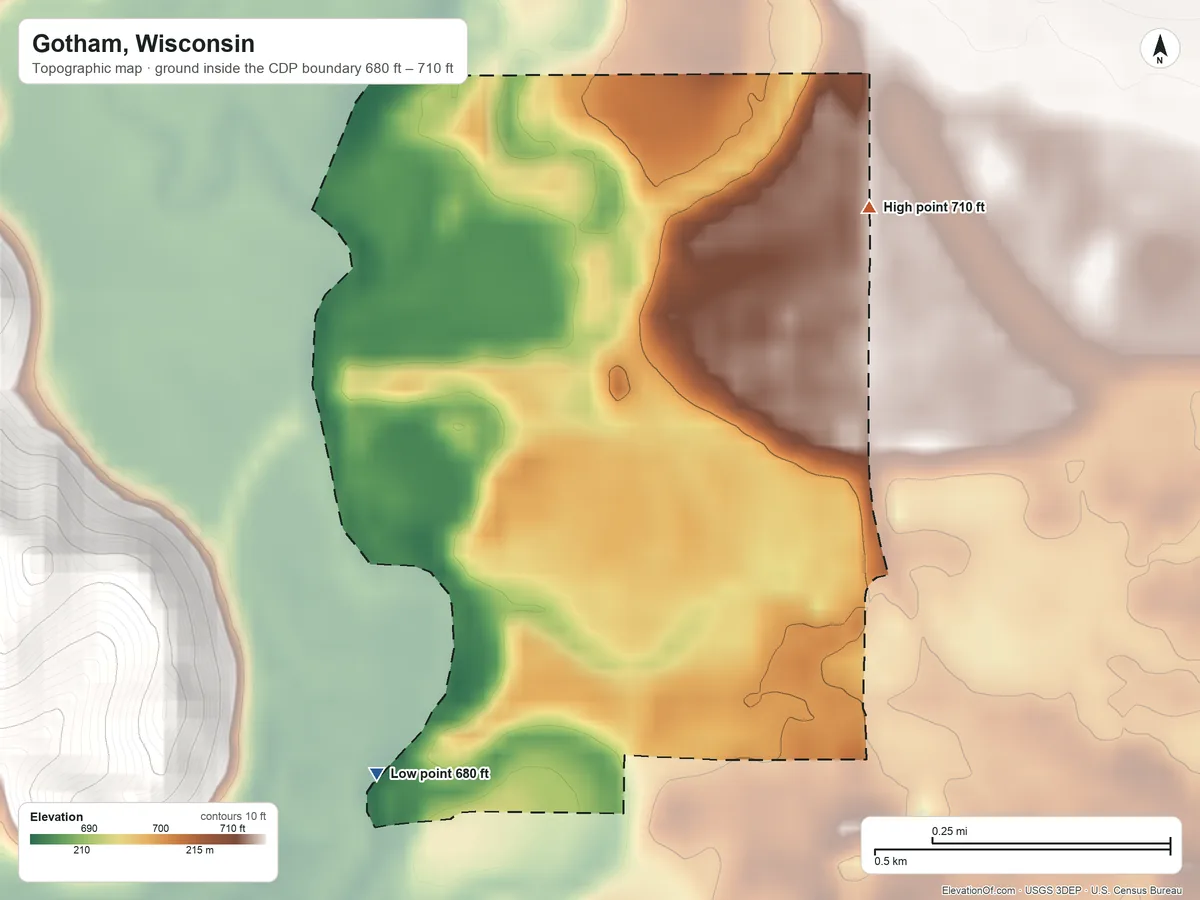 Topographic elevation map of Gotham, Wisconsin, shaded from 680 ft on the southwest side to 710 ft on the northeast edge, below higher ground just outside