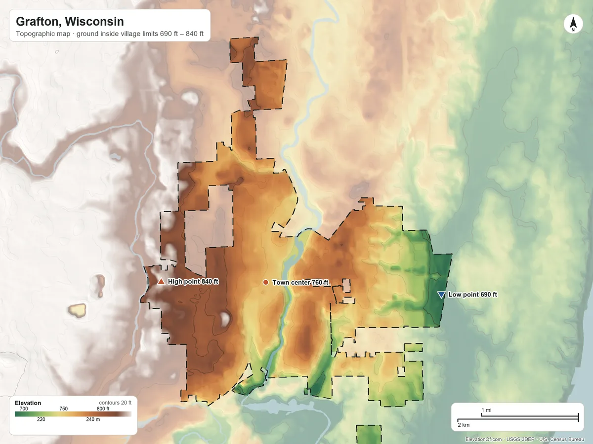 Topographic elevation map of Grafton, Wisconsin, shaded from 690 ft on the east side to 840 ft on the west side