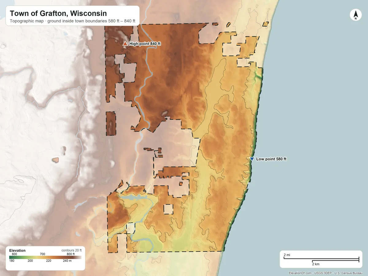 Topographic elevation map of Town of Grafton, Wisconsin, shaded from 580 ft on the southeast side to 840 ft on the northwest side