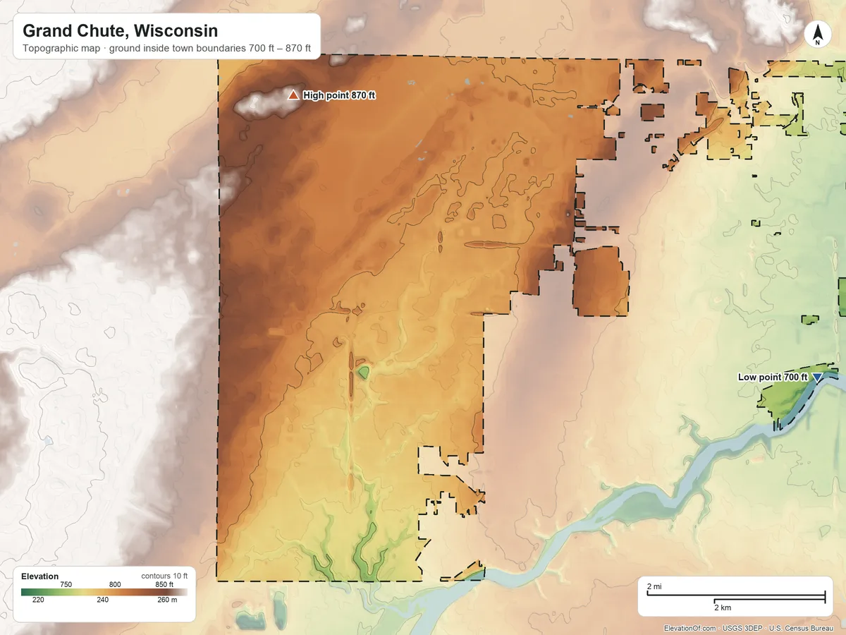 Topographic elevation map of Grand Chute, Wisconsin, shaded from 700 ft on the east side to 870 ft on the northwest side