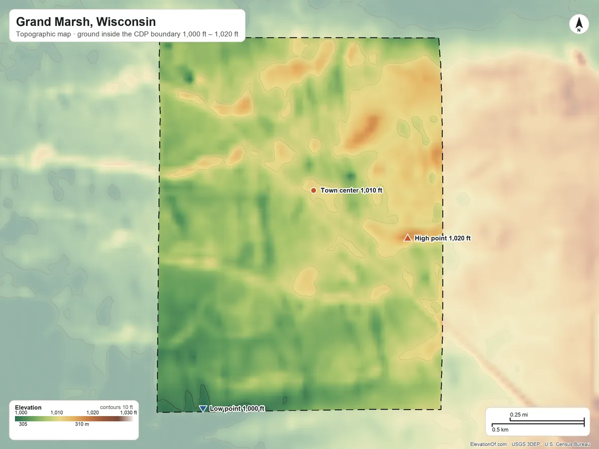 Topographic elevation map of Grand Marsh, Wisconsin, shaded from 1,000 ft on the southwest side to 1,020 ft on the southeast side