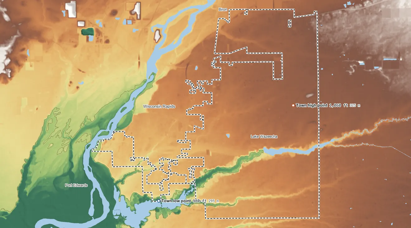Topographic elevation map of Grand Rapids, Wisconsin, shaded from 980 ft on the southwest side to 1,060 ft on the northeast side