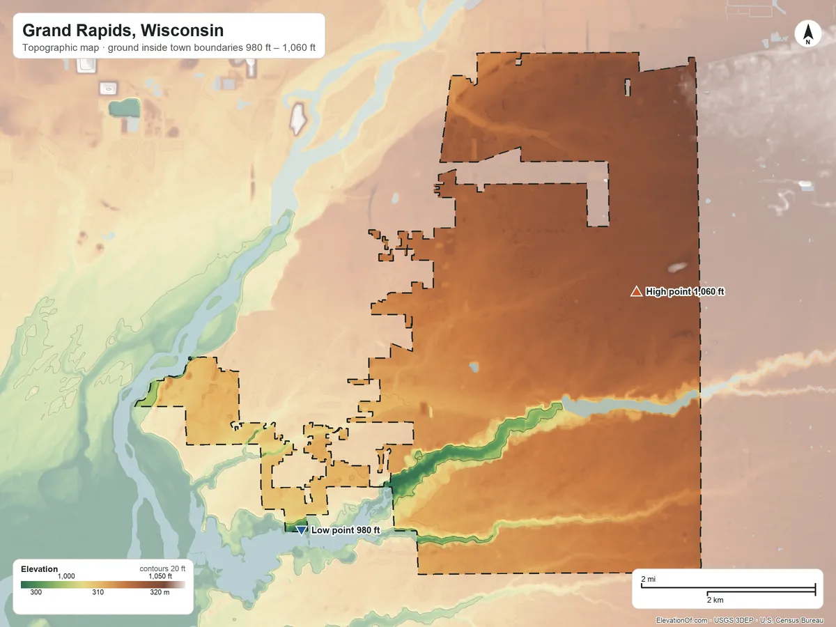 Topographic elevation map of Grand Rapids, Wisconsin, shaded from 980 ft on the southwest side to 1,060 ft on the northeast side