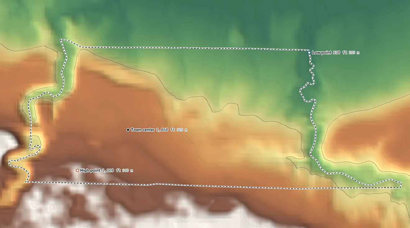 Topographic elevation map of Grand View, Bayfield County, Wisconsin, shaded from 930 ft on the northeast side to 1,120 ft on the southwest side