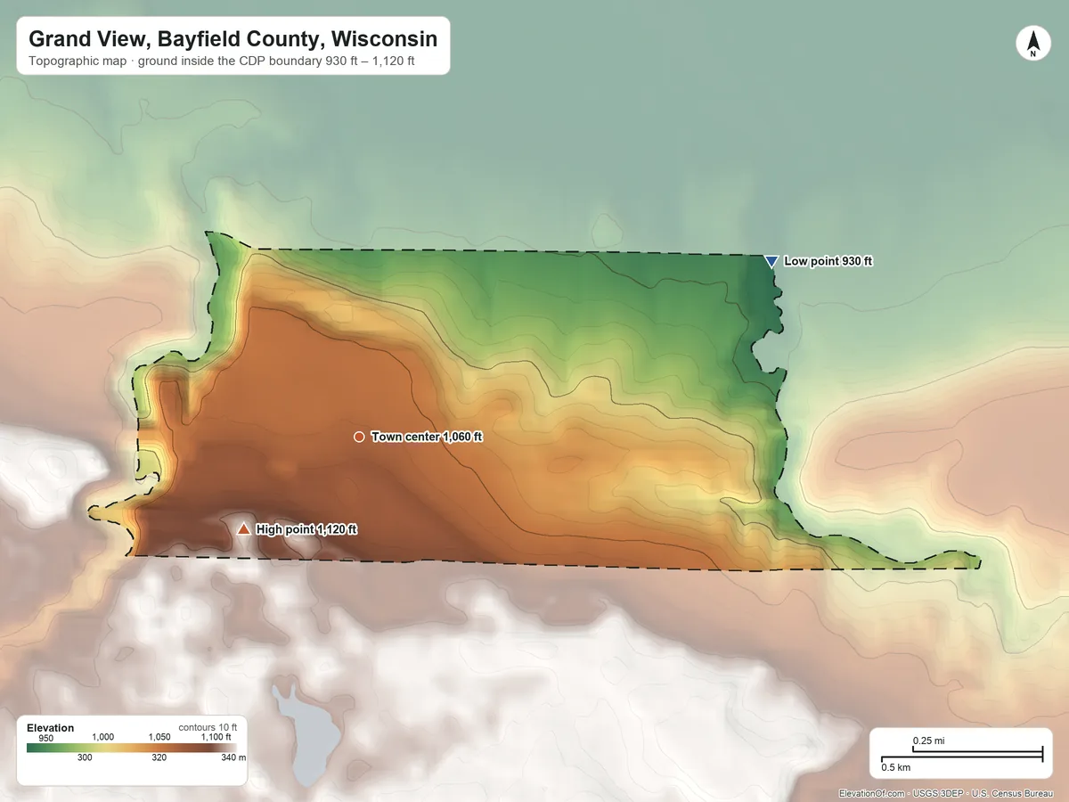Topographic elevation map of Grand View, Bayfield County, Wisconsin, shaded from 930 ft on the northeast side to 1,120 ft on the southwest side