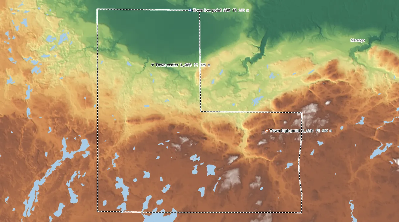 Topographic elevation map of Grand View, Wisconsin, shaded from 900 ft on the northeast side to 1,610 ft on the southeast side