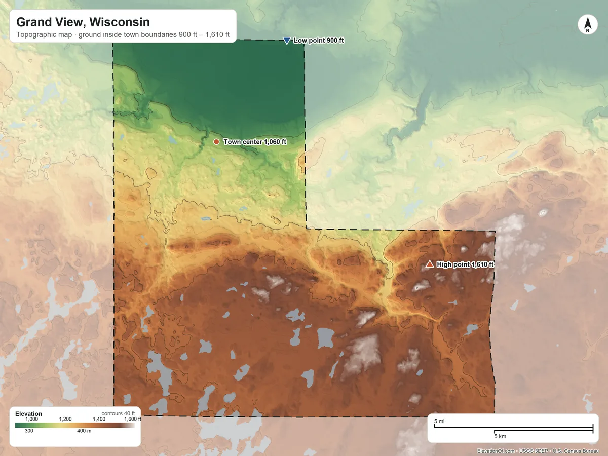 Topographic elevation map of Grand View, Wisconsin, shaded from 900 ft on the northeast side to 1,610 ft on the southeast side