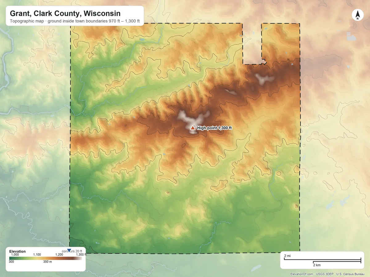 Topographic elevation map of Grant, Clark County, Wisconsin, shaded from 970 ft on the southwest side to 1,300 ft near the middle