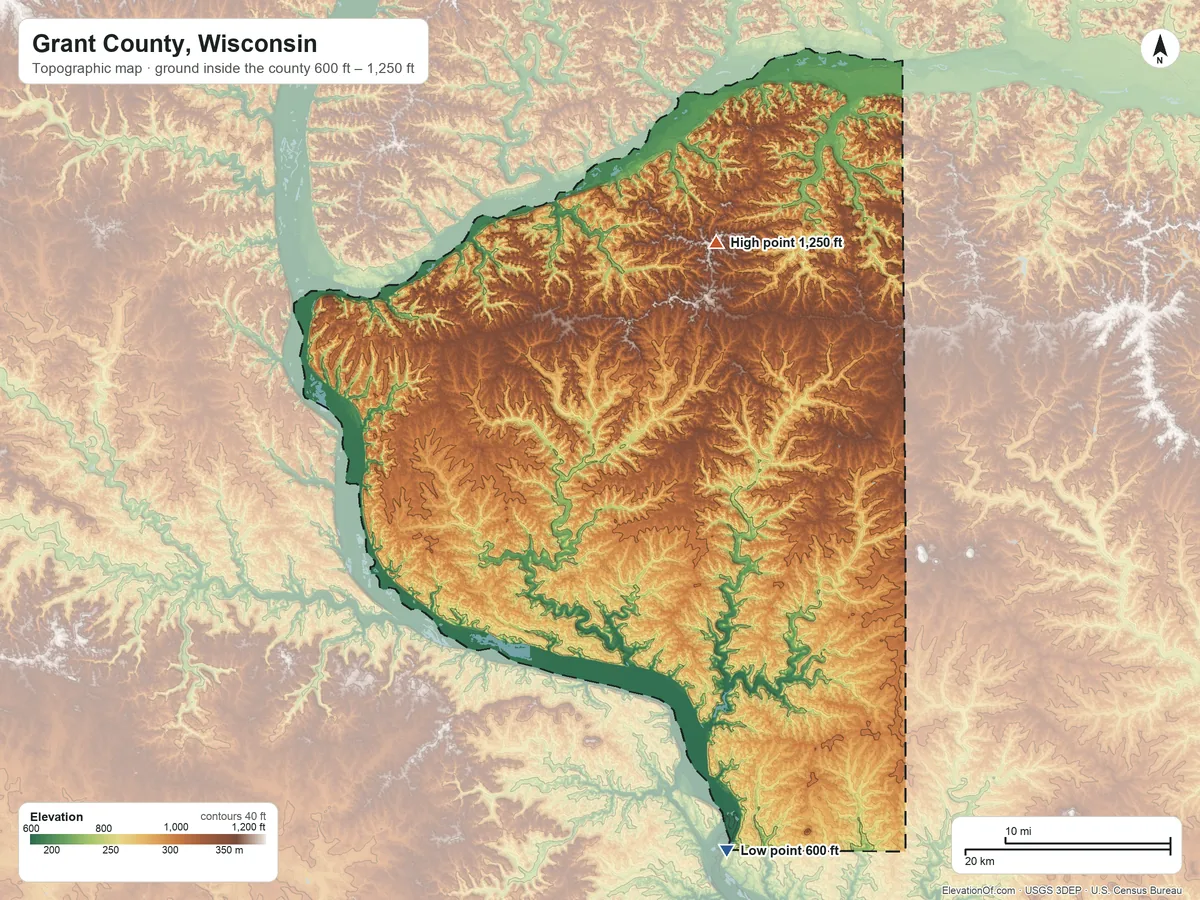 Topographic elevation map of Grant County, Wisconsin, shaded from 600 ft on the south side to 1,250 ft on the northeast side