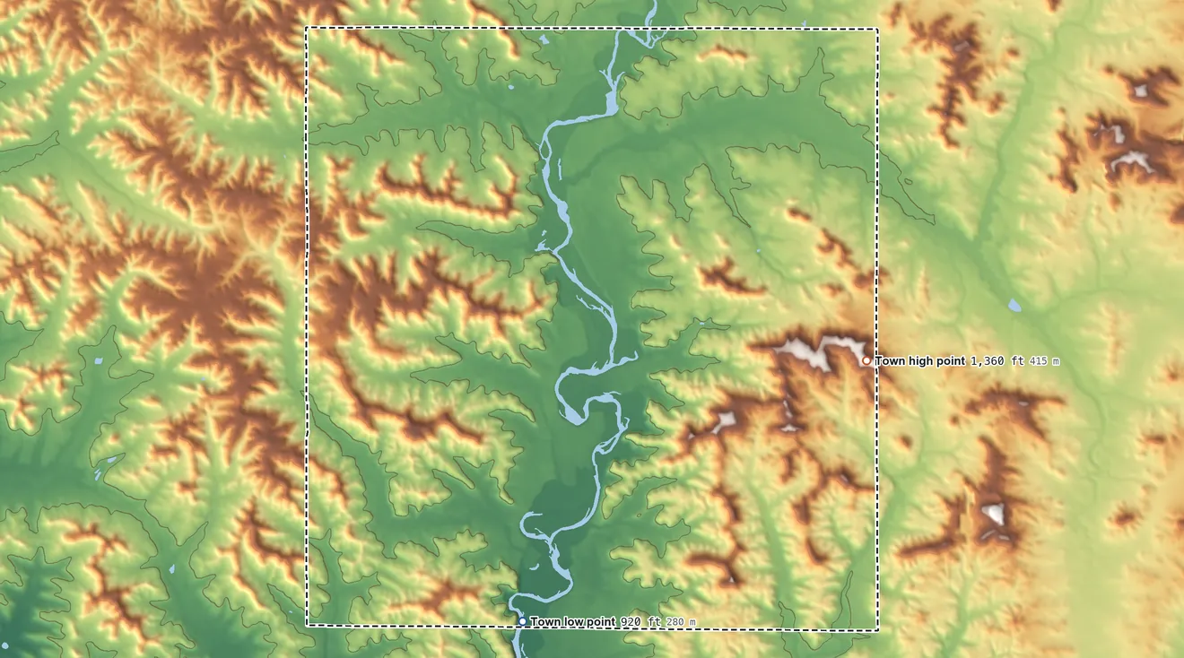 Topographic elevation map of Grant, Dunn County, Wisconsin, shaded from 920 ft on the south side to 1,360 ft on the east side