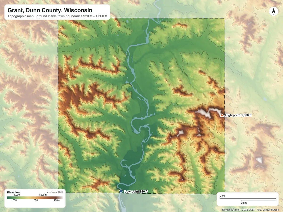 Topographic elevation map of Grant, Dunn County, Wisconsin, shaded from 920 ft on the south side to 1,360 ft on the east side