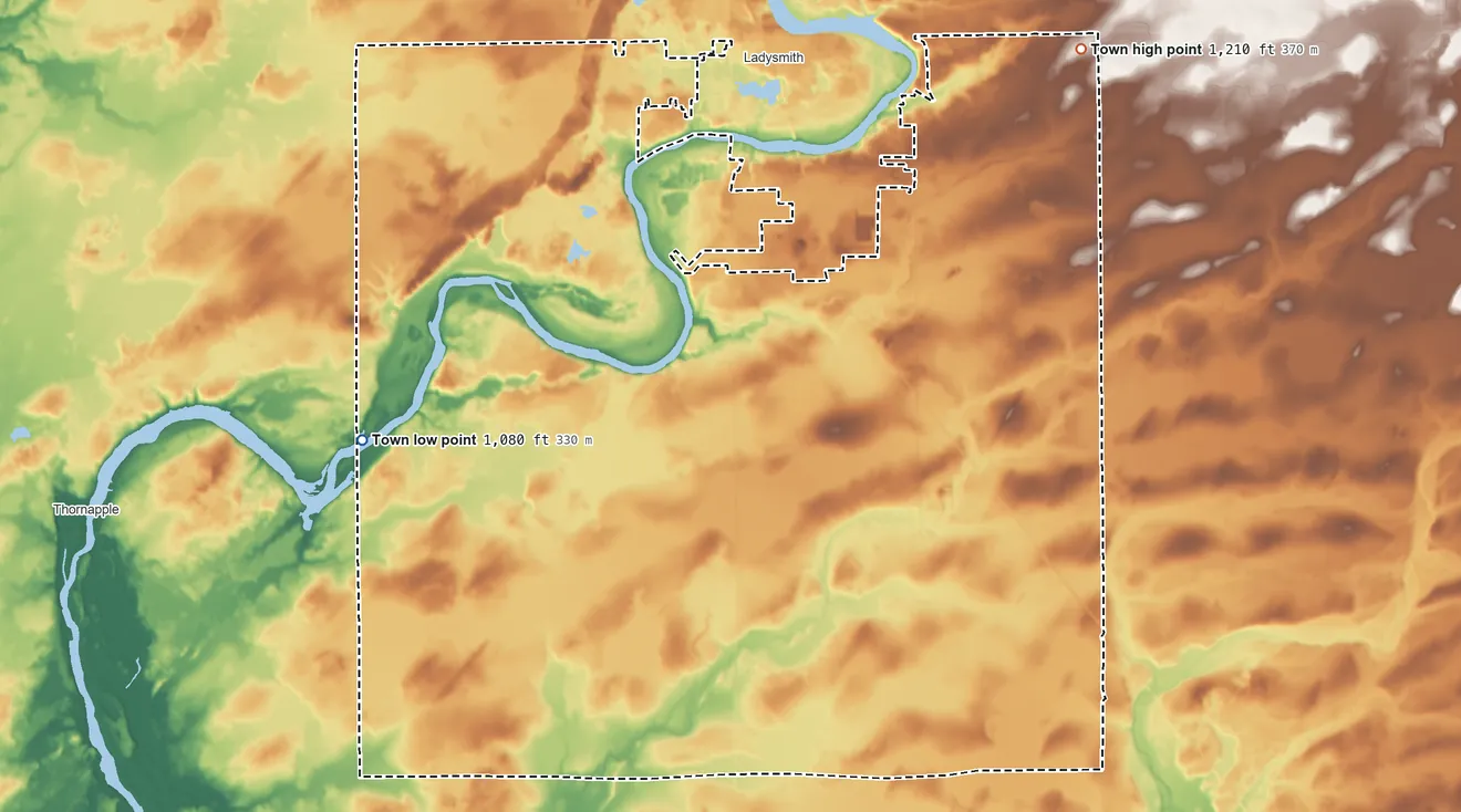Topographic elevation map of Grant, Rusk County, Wisconsin, shaded from 1,080 ft on the west side to 1,210 ft on the northeast side