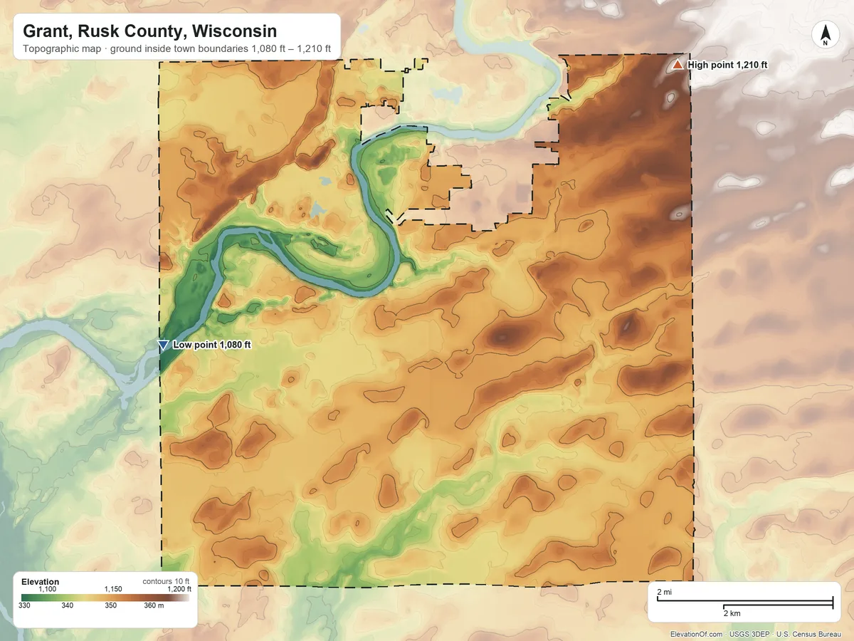 Topographic elevation map of Grant, Rusk County, Wisconsin, shaded from 1,080 ft on the west side to 1,210 ft on the northeast side