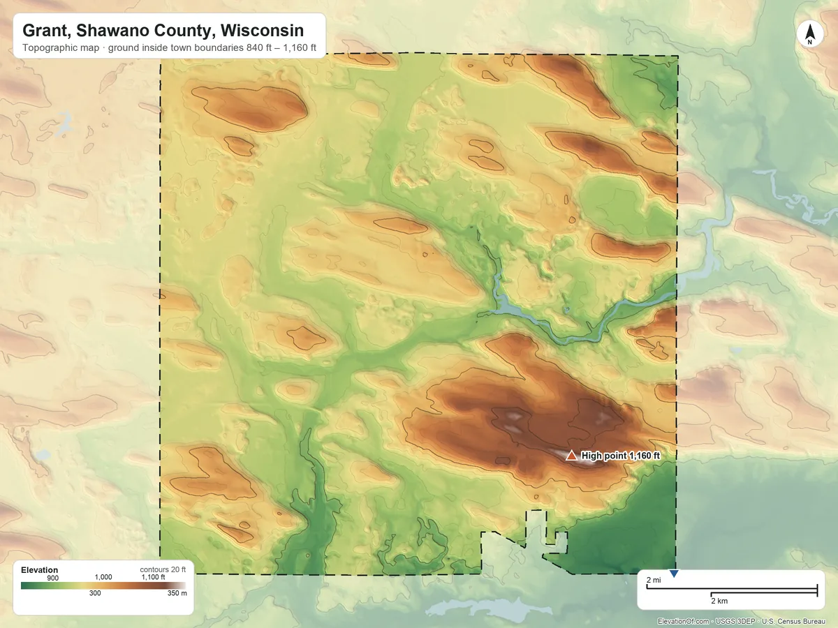 Topographic elevation map of Grant, Shawano County, Wisconsin, shaded from 840 ft on the southeast side to 1,160 ft on the southeast side