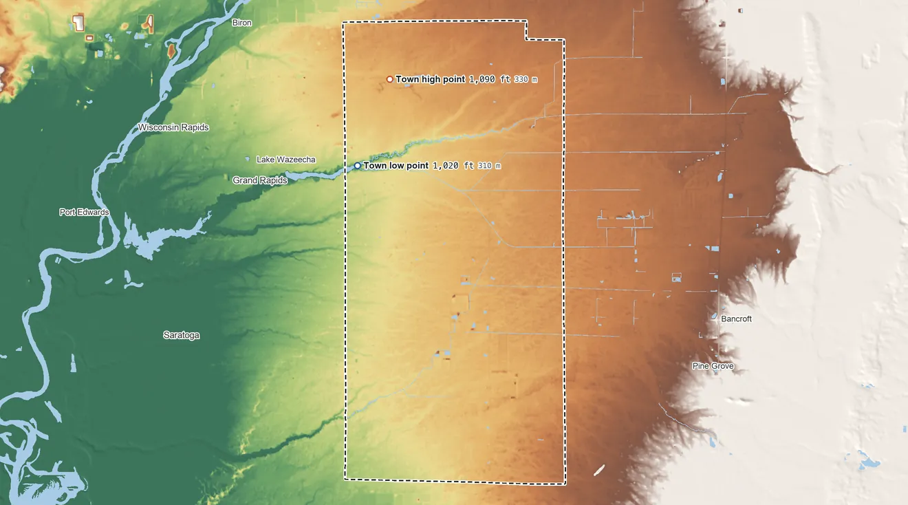 Topographic elevation map of Grant, Wisconsin, shaded from 1,020 ft near the middle to 1,090 ft on the north side