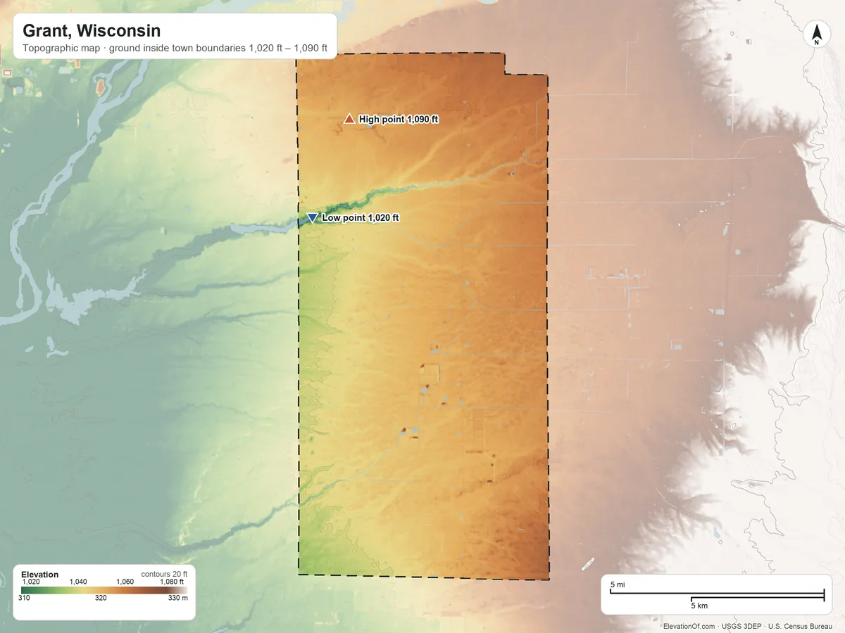 Topographic elevation map of Grant, Wisconsin, shaded from 1,020 ft near the middle to 1,090 ft on the north side